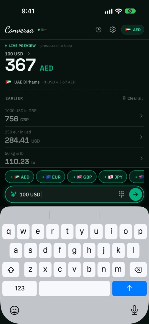 Typing 100 USD with suggestion chips for target currencies