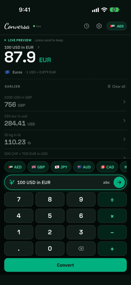 Keypad mode converting 100 USD to 87.9 EUR
