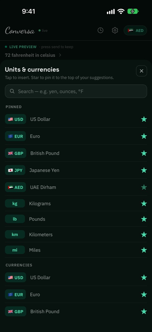 Searchable list of units and currencies