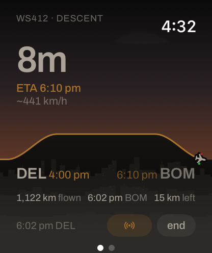 Apple Watch descending into Mumbai at dusk