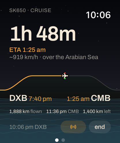 Apple Watch on the same Dubai to Colombo flight: 1 hour 48 minutes to landing, over the Arabian Sea