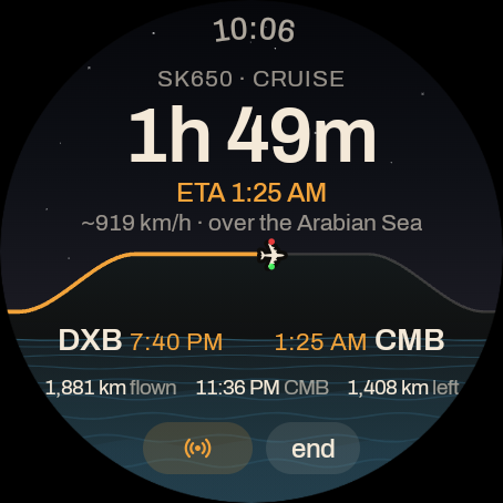 Wear OS watch on a Dubai to Colombo flight at night over the Arabian Sea: 1 hour 49 minutes to landing, ETA 1:25 AM, 919 km/h