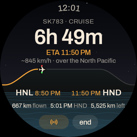 Night over the North Pacific with stars, Honolulu to Tokyo
