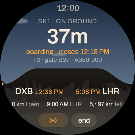 Before departure: boarding closes at 12:18 PM, terminal 3, gate B27, Airbus A350-900