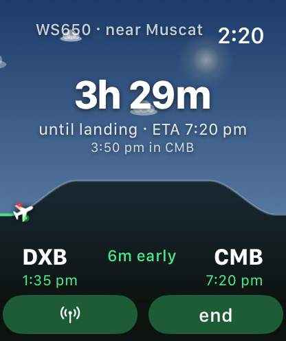 Windowseat on Apple Watch: Dubai to Colombo