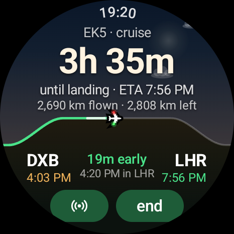 In-flight screen with time to landing and route progress