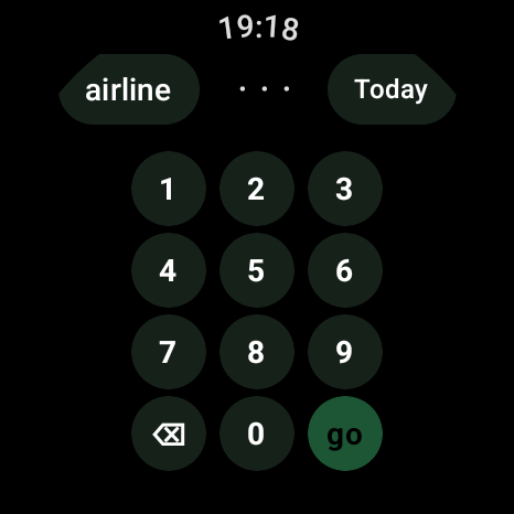 Number pad for typing a flight number, with airline and date buttons