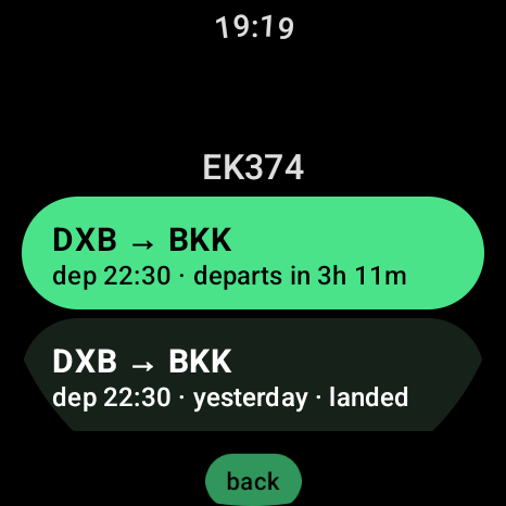 Lookup results for EK374, Dubai to Bangkok, departing in 3h 11m