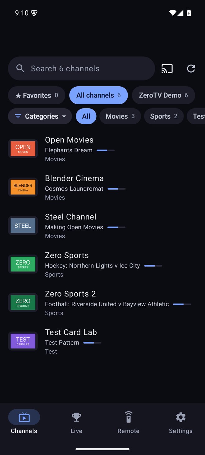 ZeroTV on a phone: channels with what's on now