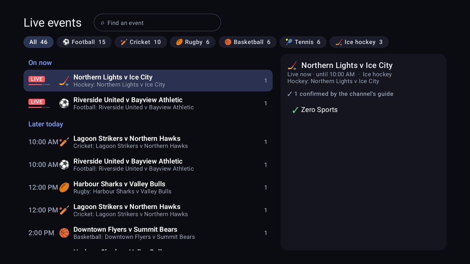 ZeroTV on Android TV: Live events, with live sport grouped across channels and filters for football, cricket, rugby, basketball, tennis and ice hockey
