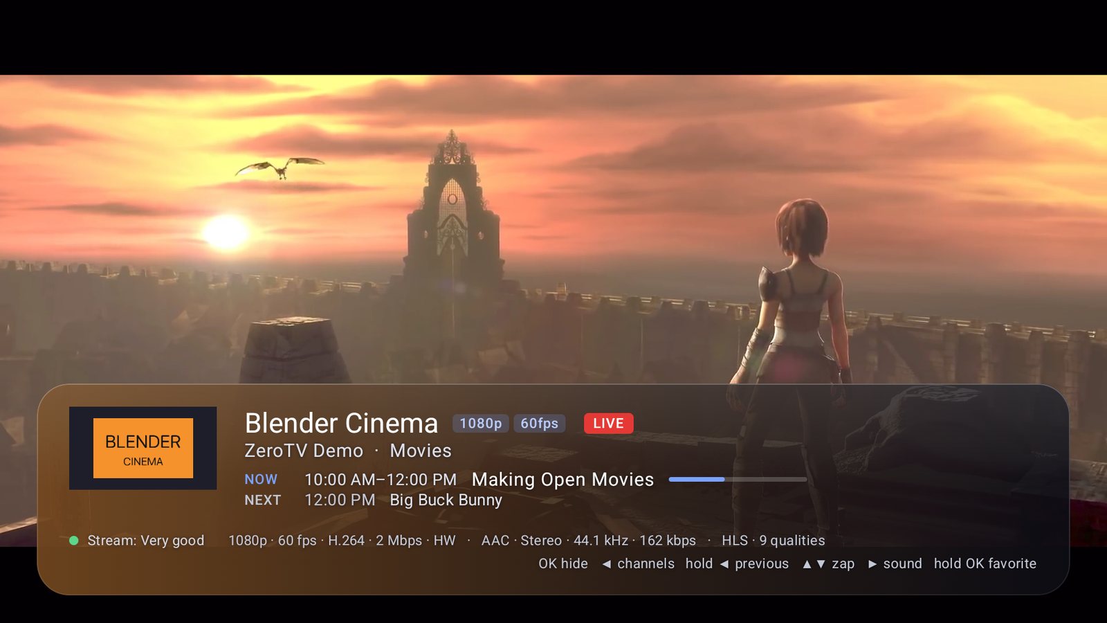 Player overlay with now and next, resolution and frame rate
